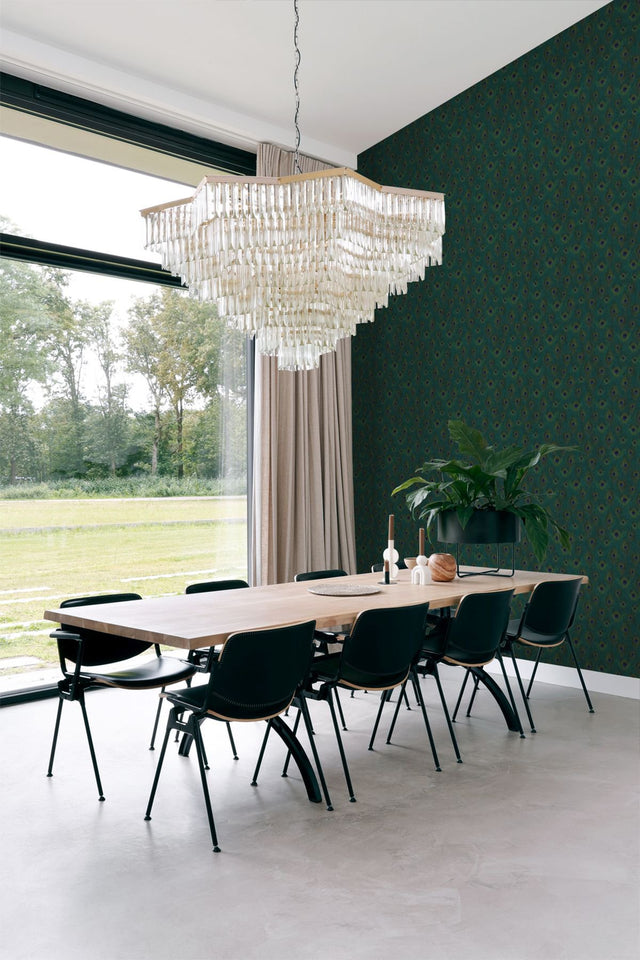 Plumage Sapphire Peacock Feathers Wallpaper with Metallic Bohemian Animal Print - Origin DD347764