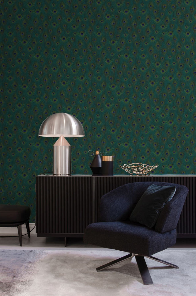 Plumage Sapphire Peacock Feathers Wallpaper with Metallic Bohemian Animal Print - Origin DD347764