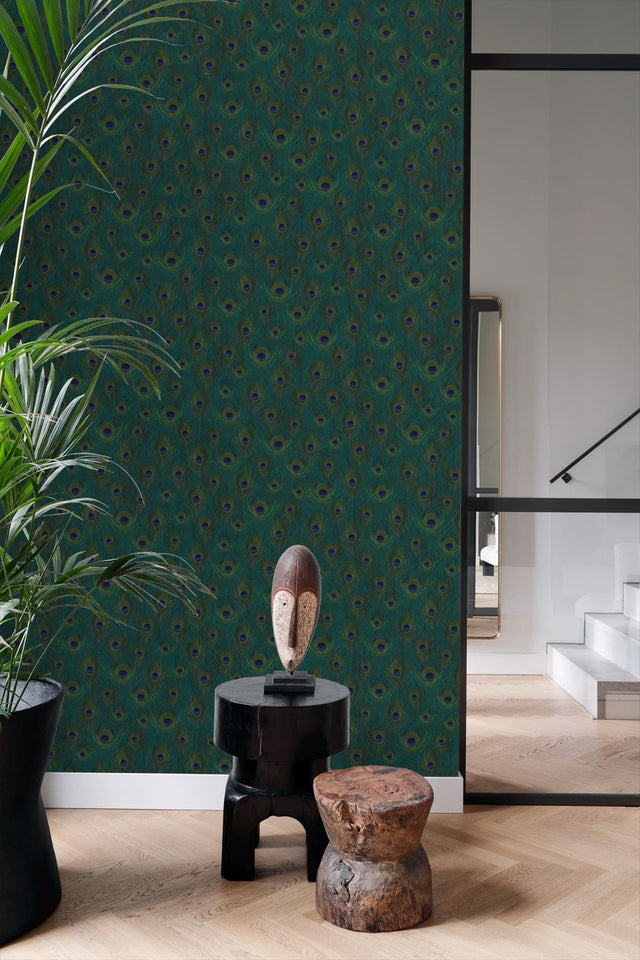 Plumage Sapphire Peacock Feathers Wallpaper with Metallic Bohemian Animal Print - Origin DD347764