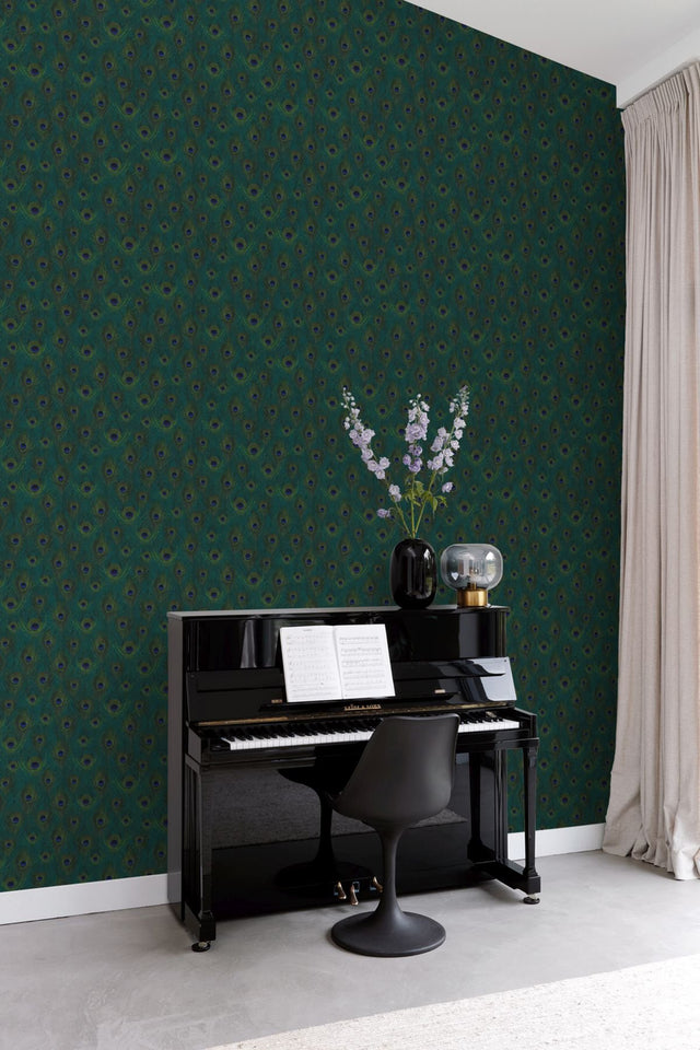 Plumage Sapphire Peacock Feathers Wallpaper with Metallic Bohemian Animal Print - Origin DD347764