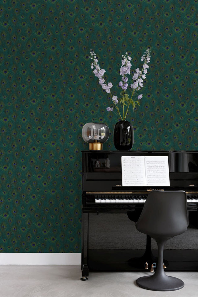 Plumage Sapphire Peacock Feathers Wallpaper with Metallic Bohemian Animal Print - Origin DD347764