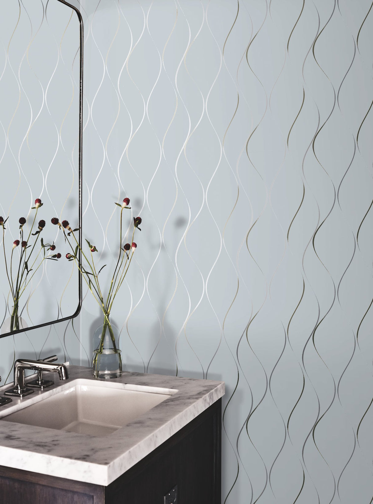 Wavy Stripe Light Blue Wallpaper with Metallic Wavy Stripe Pattern - York DD3701