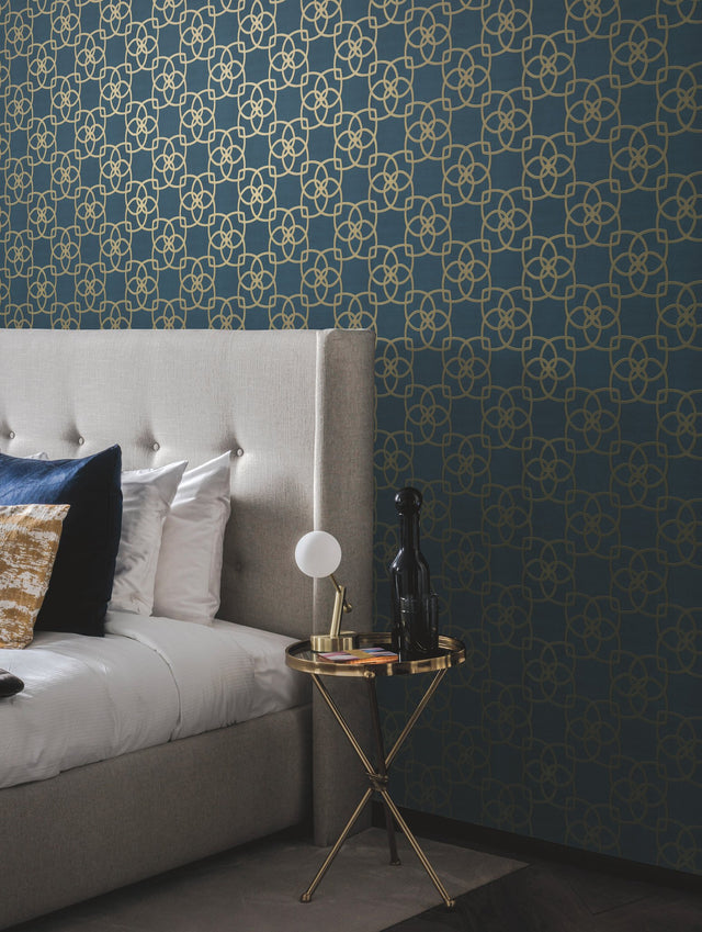 Serendipity Navy Wallpaper with Metallic Geometric Petal Lattice - York DD3711