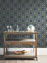 Serendipity Navy Wallpaper with Metallic Geometric Petal Lattice - York DD3711