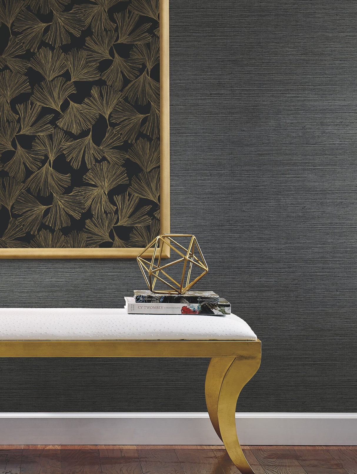 Gingko Toss Black Wallpaper with Metallic Botanical Leaf Pattern - York DD3742
