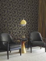 Gingko Toss Black Wallpaper with Metallic Botanical Leaf Pattern - York DD3742
