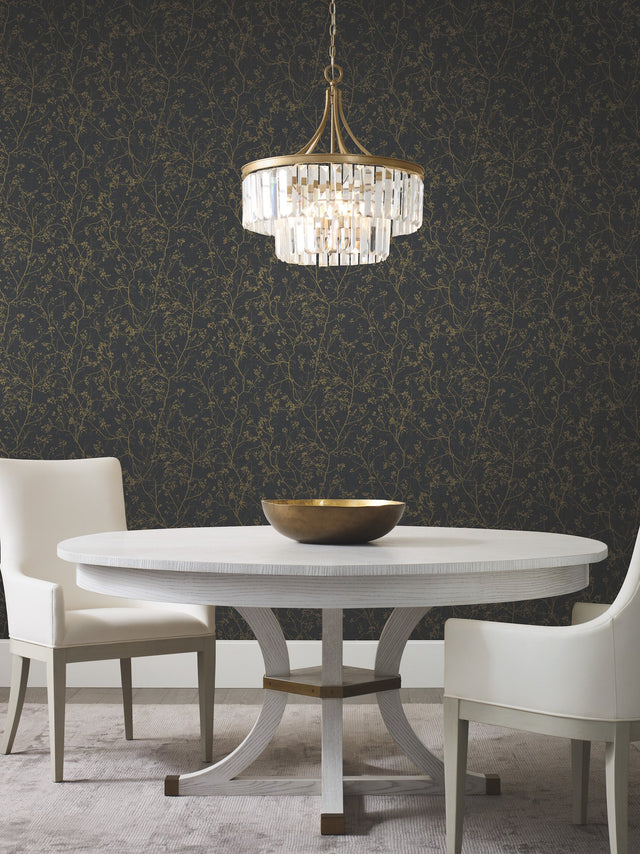 Luminous Branches Black & Gold Wallpaper with Botanical Metallic Branch Motif - York DD3811
