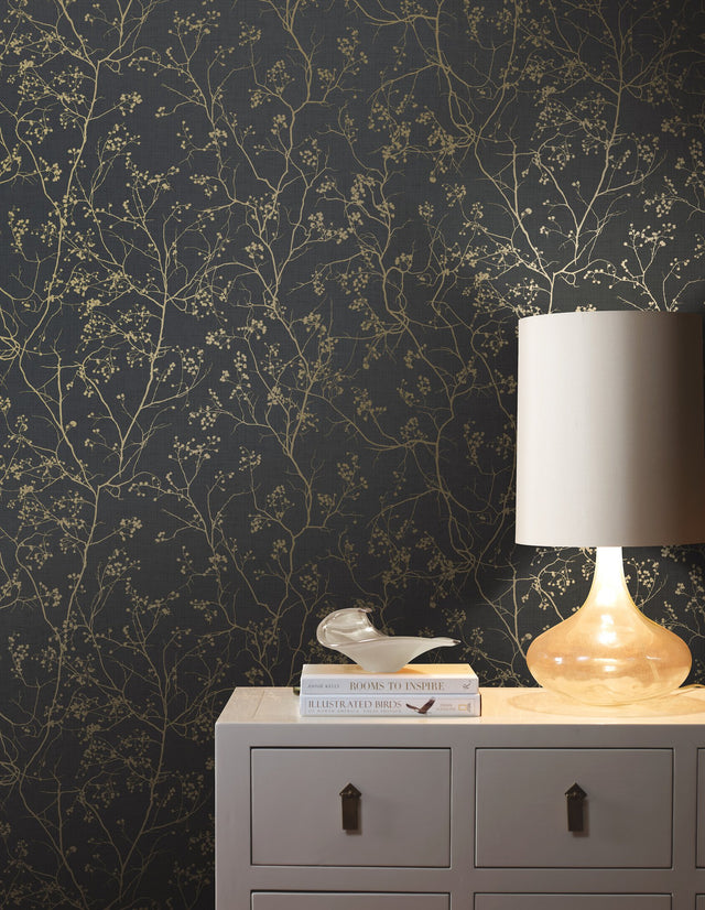Luminous Branches Black & Gold Wallpaper with Botanical Metallic Branch Motif - York DD3811