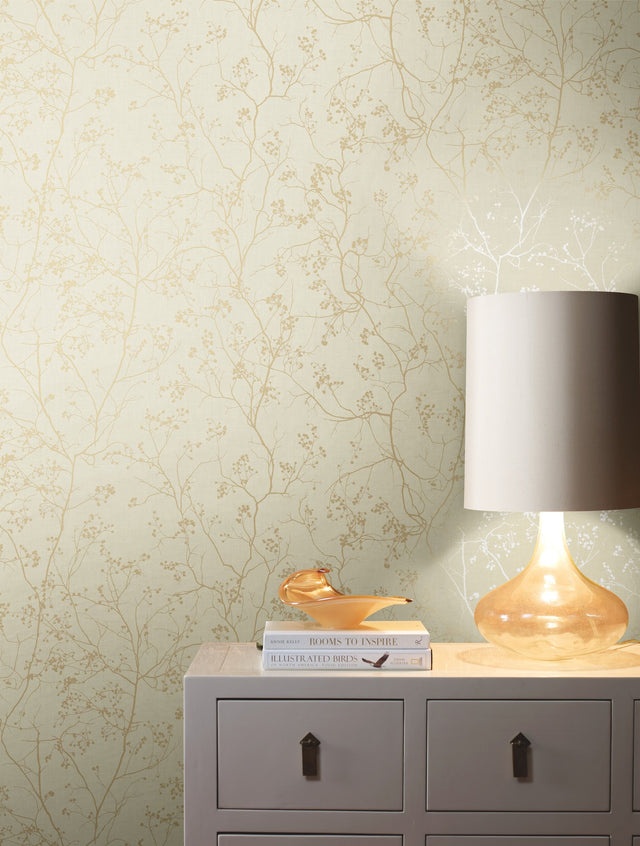 Luminous Branches Cream & Gold Wallpaper with Metallic Botanical Branch Pattern - York DD3812