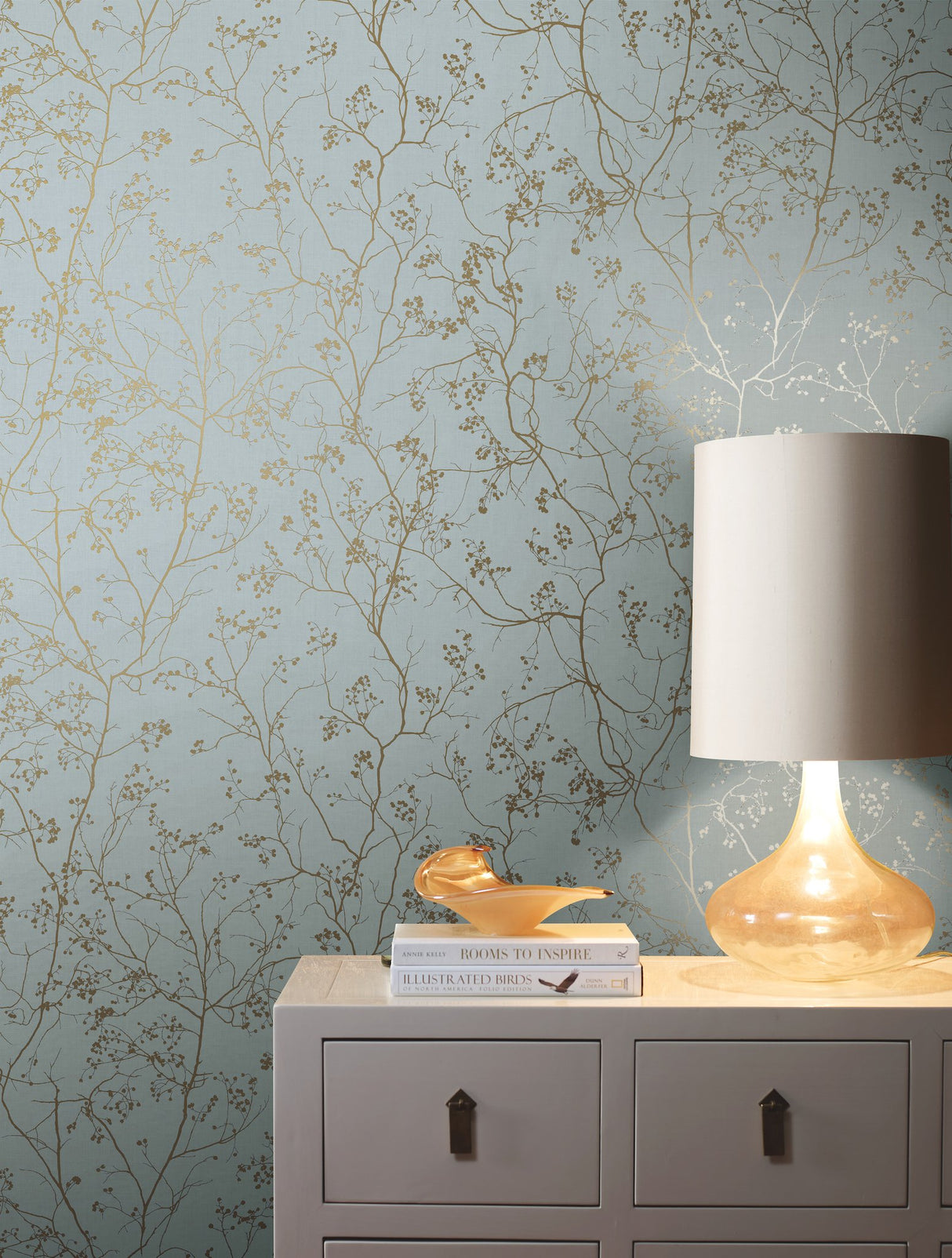 Luminous Branches Blue & Gold Wallpaper with Metallic Branch Botanical - York DD3813