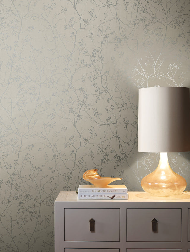 Luminous Branches Grey & Silver Wallpaper with Botanical Metallic Branch Pattern - York DD3814
