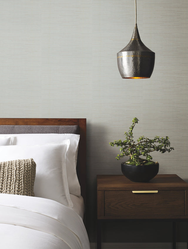 Ribbon Bamboo White & Silver Metallic Wallpaper with Metallic Textured Bamboo Stripes - York DD3833