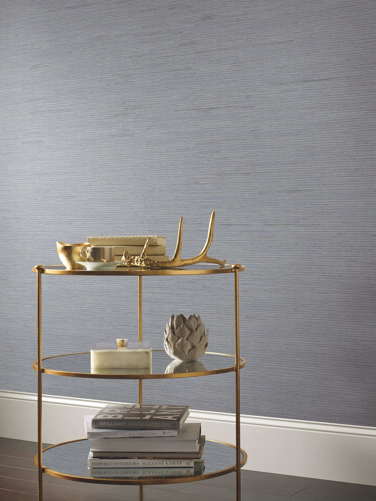 Ribbon Bamboo Blue & Silver Metallic Wallpaper with Horizontal Bamboo Streamers - York DD3834