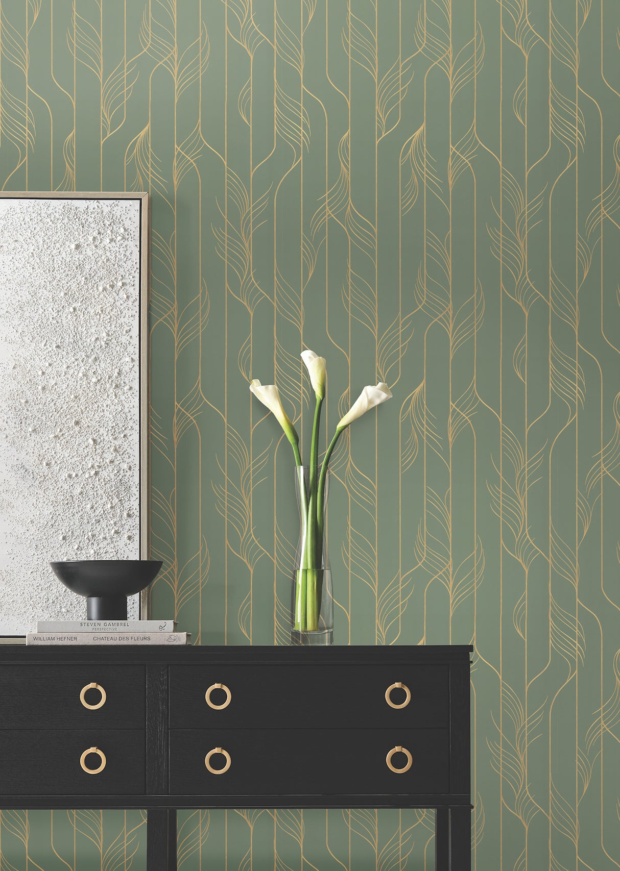 Elemental Thread Green & Gold by Candice Olson Foil Art Deco Metallic Striped Non Woven Wallpaper from the Decadence II Collection - DF3306