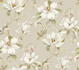 Candice Olson Garden Jewels Linen floral magnolia wallpaper in tan linen with green leaves, 27 in x 27 ft roll.