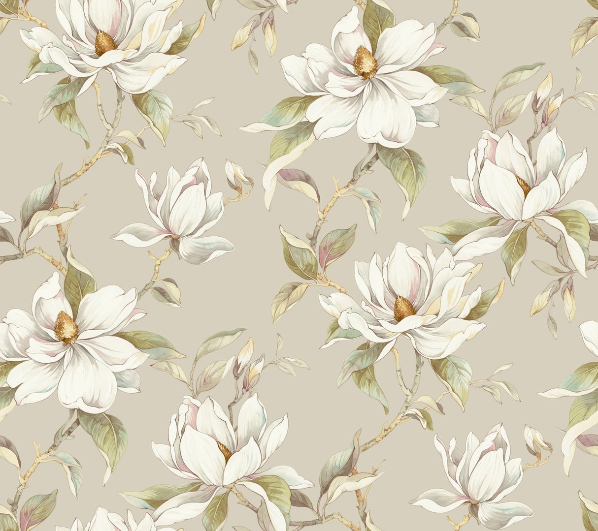 Candice Olson Garden Jewels Linen floral magnolia wallpaper in tan linen with green leaves, 27 in x 27 ft roll.