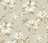 Candice Olson Garden Jewels Linen floral magnolia wallpaper in tan linen with green leaves, 27 in x 27 ft roll.