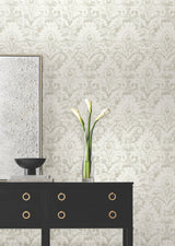 Velvet Crush Damask Cream & Pearl by Candice Olson Metallic Non Woven Unpasted Traditional Damask Wallpaper from Decadence II - DF3334