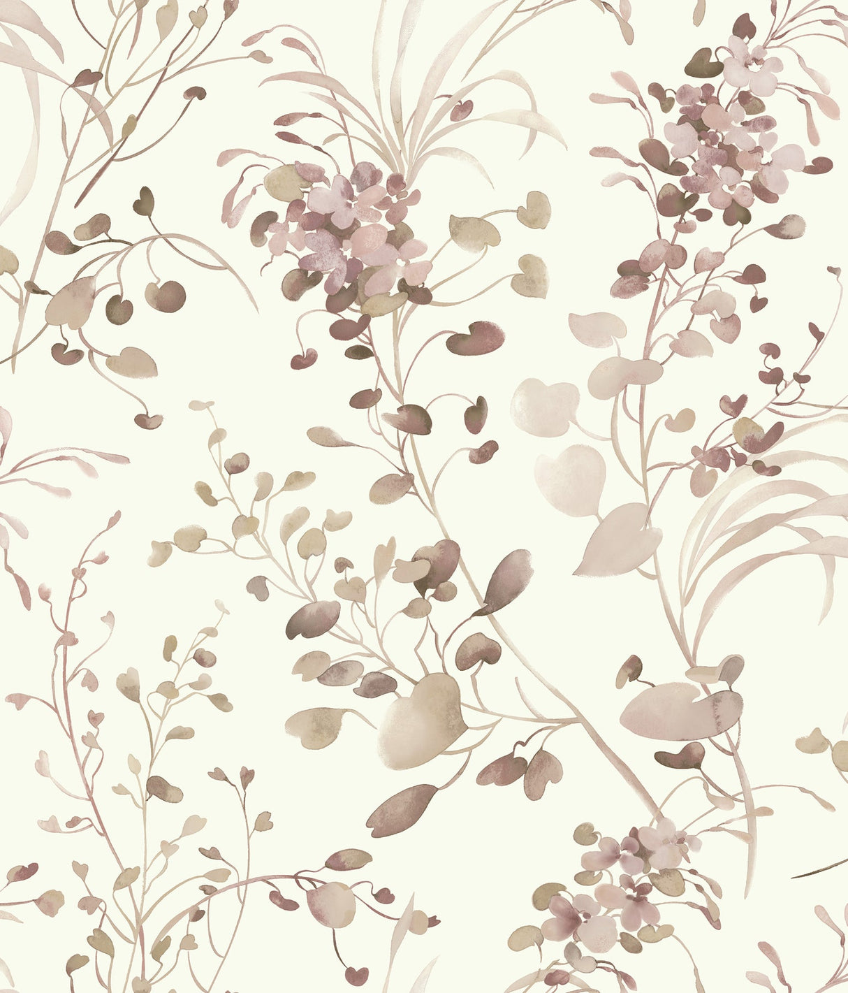 Candice Olson Spring Whispers wallpaper in Soft Blush with watercolor leaves and florals on off‑white background.