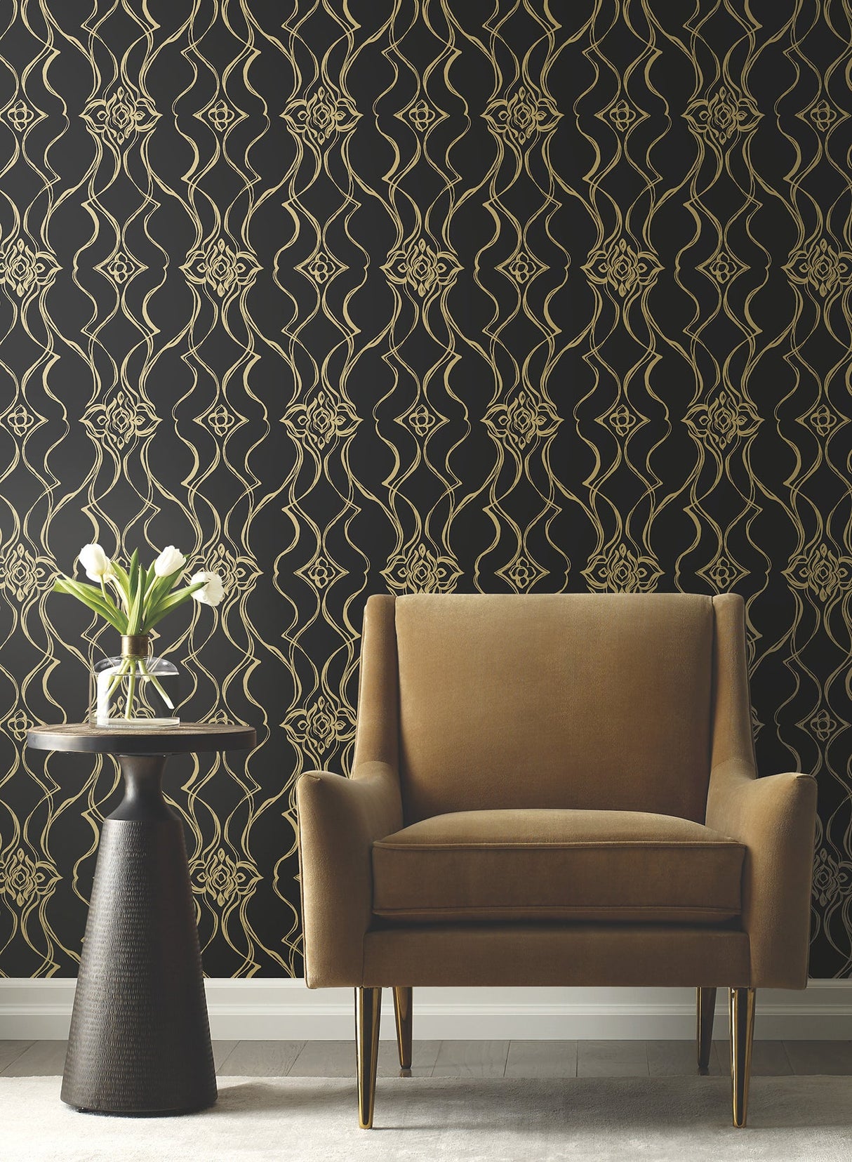 Pirouette Black & Gold by Candice Olson Damask Wallpaper – York Designer Series DF3371