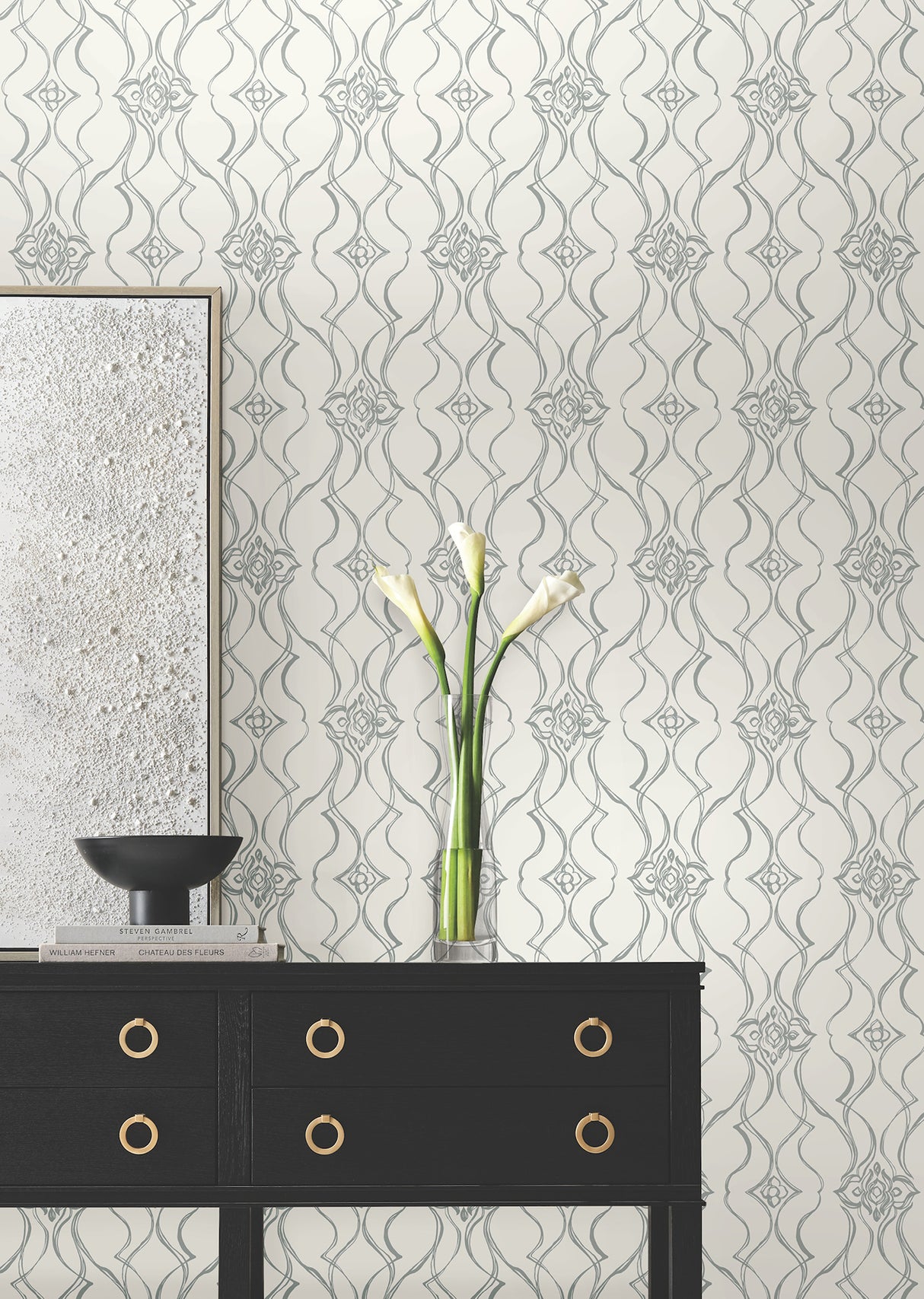 Pirouette White & Silver by Candice Olson Traditional Metallic Non Woven Damask Wallpaper – York Designer Series DF3373