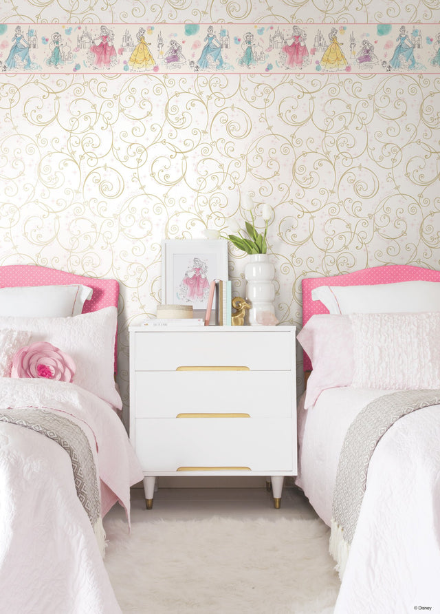 Disney Princess Perfect Scroll Gold Glitter Wallpaper with Metallic Scrolls & Kids Room Style - York DI0905