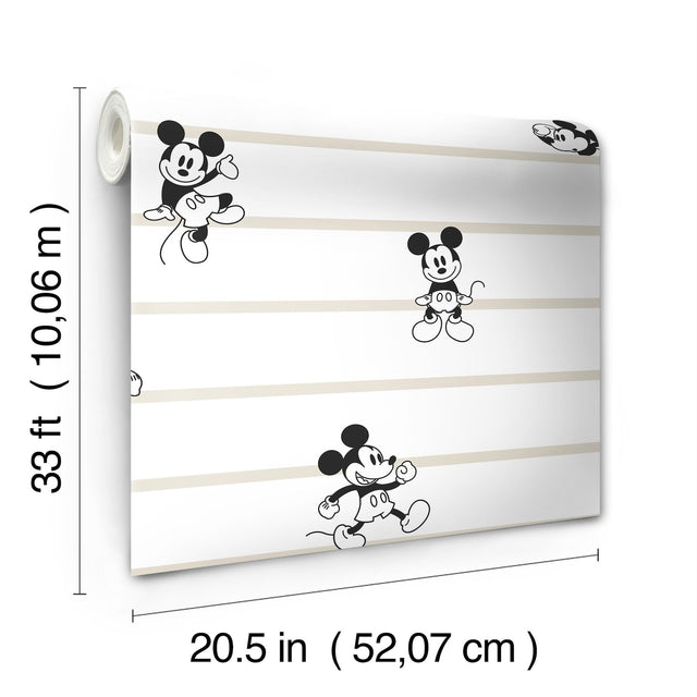 Disney Mickey Mouse Stripe Black & White Non Woven Wallpaper with Modern Stripe Character Motif - York DI0932