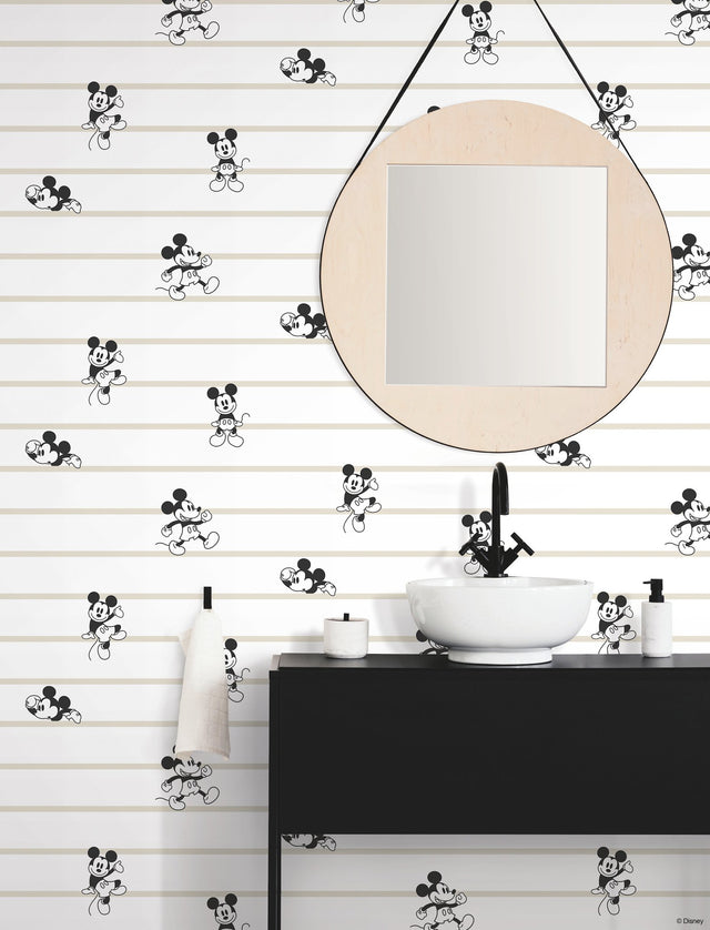 Disney Mickey Mouse Stripe Black & White Non Woven Wallpaper with Modern Stripe Character Motif - York DI0932
