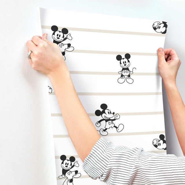 Disney Mickey Mouse Stripe Black & White Non Woven Wallpaper with Modern Stripe Character Motif - York DI0932