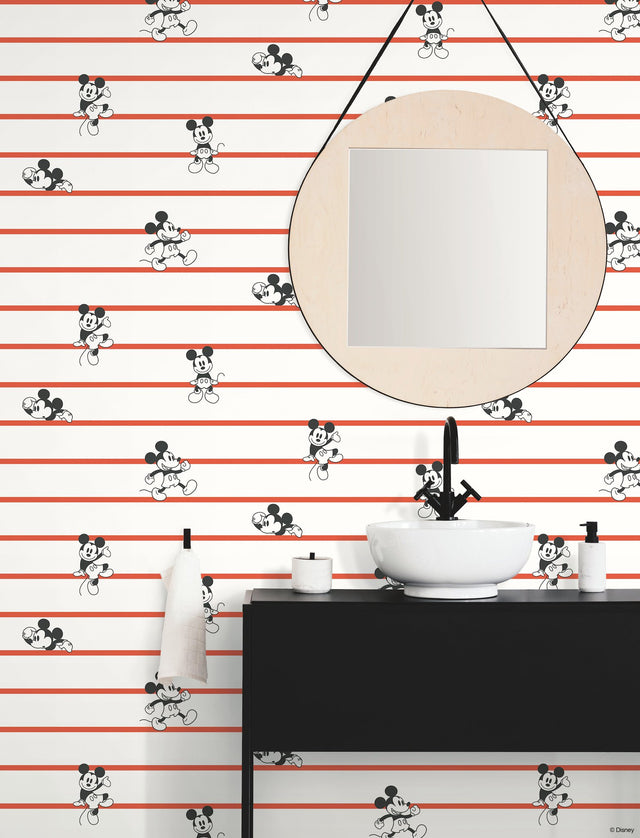 Disney Mickey Mouse Stripe Red Wallpaper with Cartoon Character Stripe Motif - York DI0933