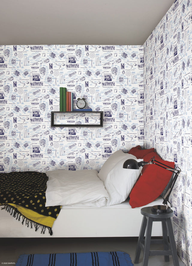 Marvels Heroes Schematics Blue Wallpaper with Blueprint Superhero Motif - York DI0935