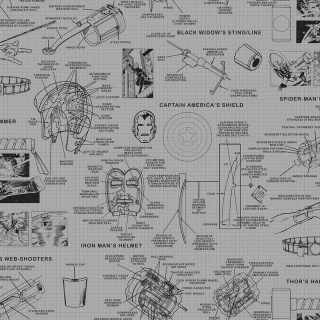 Marvels Heroes Schematics Grey & Black Wallpaper with Marvel Universe Schematic Motif - York DI0936