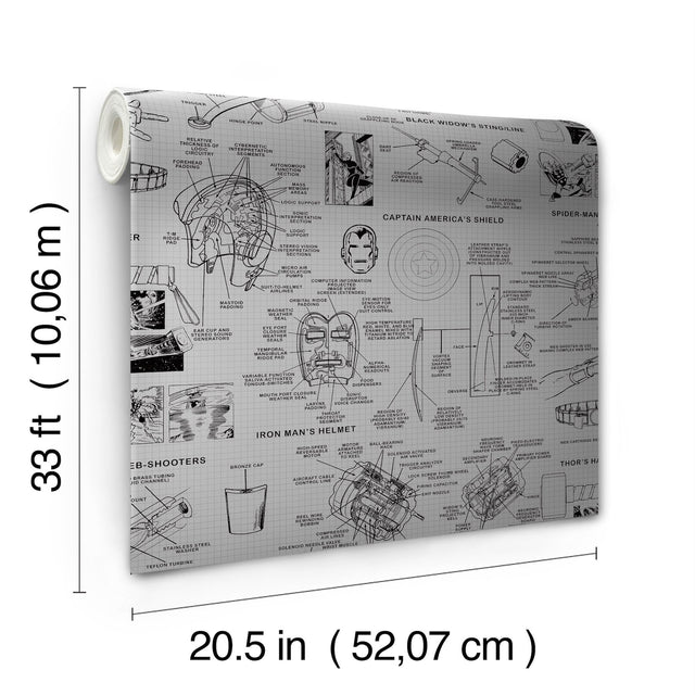 Marvels Heroes Schematics Grey & Black Wallpaper with Marvel Universe Schematic Motif - York DI0936