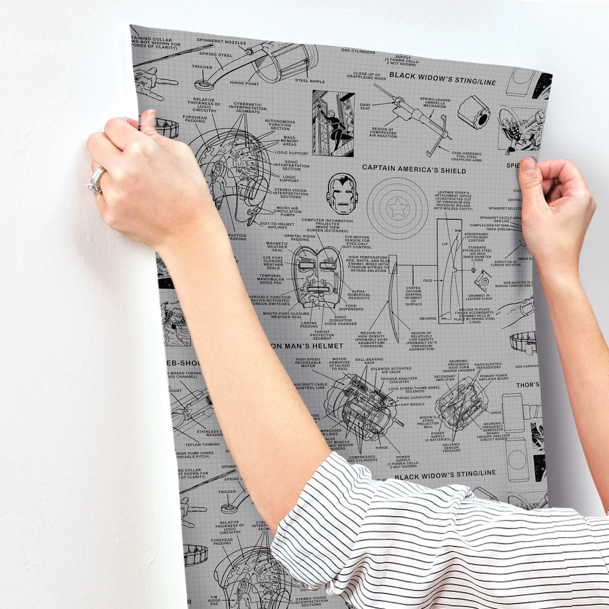 Marvels Heroes Schematics Grey & Black Wallpaper with Marvel Universe Schematic Motif - York DI0936
