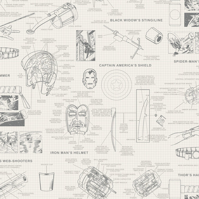 Marvels Heroes Schematics Cream Wallpaper with Marvel Blueprint Motif - York DI0937