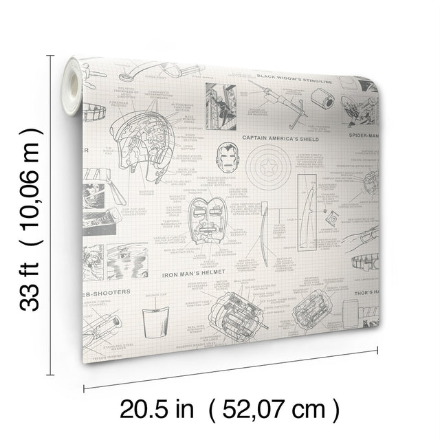 Marvels Heroes Schematics Cream Wallpaper with Marvel Blueprint Motif - York DI0937