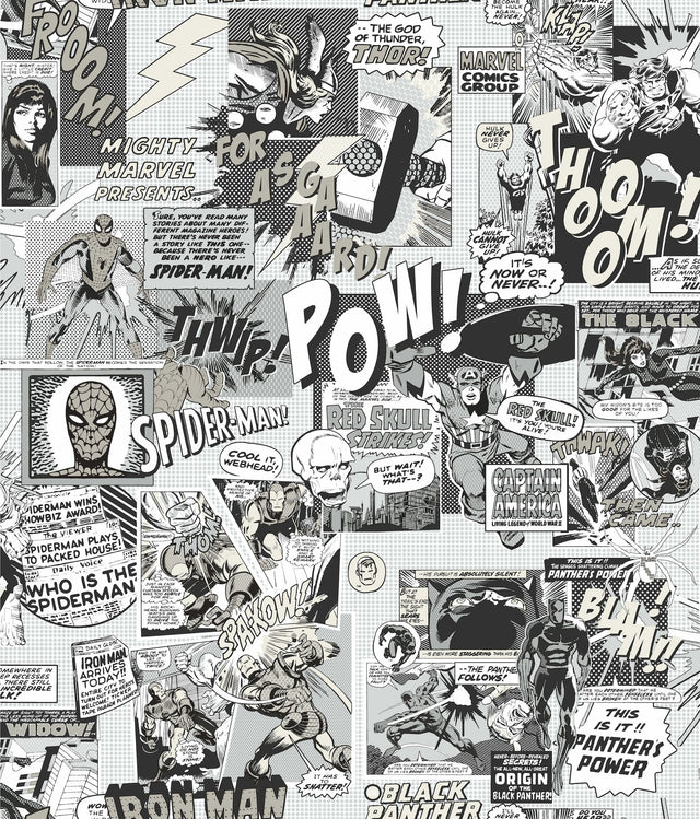 Marvel Comics Pow! Black & White Wallpaper with Comic Book Sound Effect Collage - York DI0946