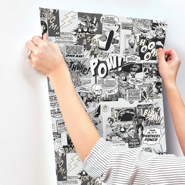 Marvel Comics Pow! Black & White Wallpaper with Comic Book Sound Effect Collage - York DI0946