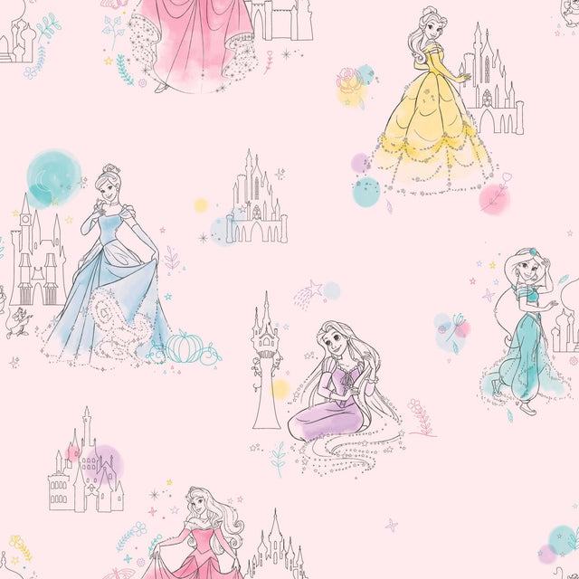 Disney Princess Pretty Elegant Pink Wallpaper with Sketch Princess Motif - York DI0969