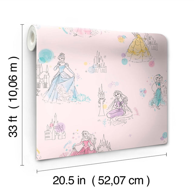 Disney Princess Pretty Elegant Pink Wallpaper with Sketch Princess Motif - York DI0969