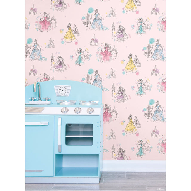 Disney Princess Pretty Elegant Pink Wallpaper with Sketch Princess Motif - York DI0969