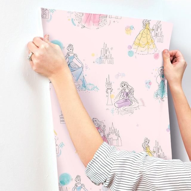 Disney Princess Pretty Elegant Pink Wallpaper with Sketch Princess Motif - York DI0969