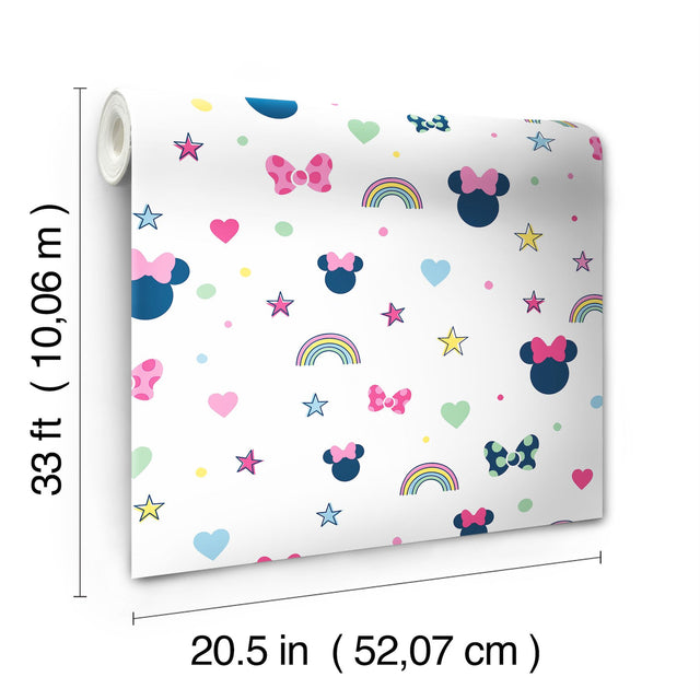 Disney Minnie Mouse Rainbow Pink Wallpaper with Pastel Hearts, Stars & Bows - York DI0991