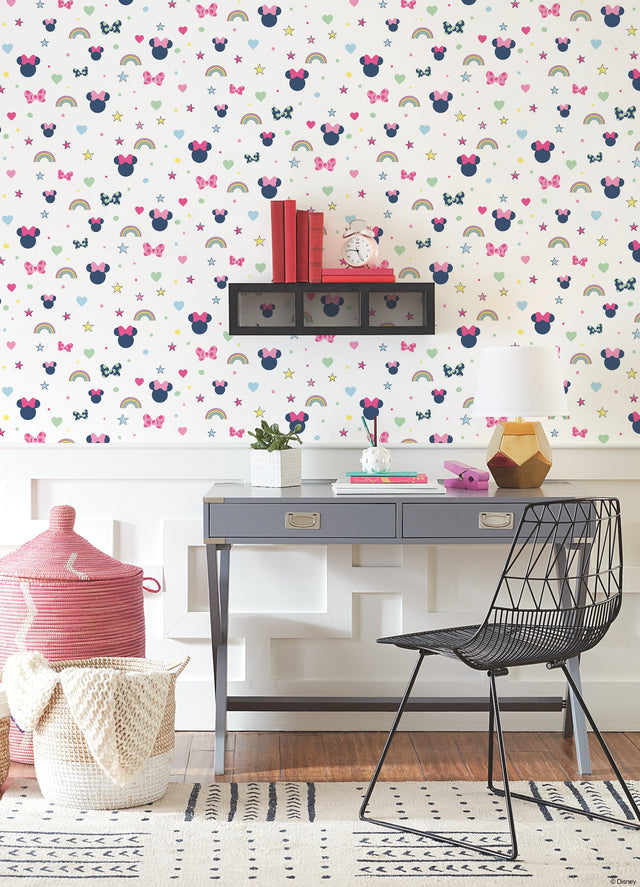 Disney Minnie Mouse Rainbow Pink Wallpaper with Pastel Hearts, Stars & Bows - York DI0991