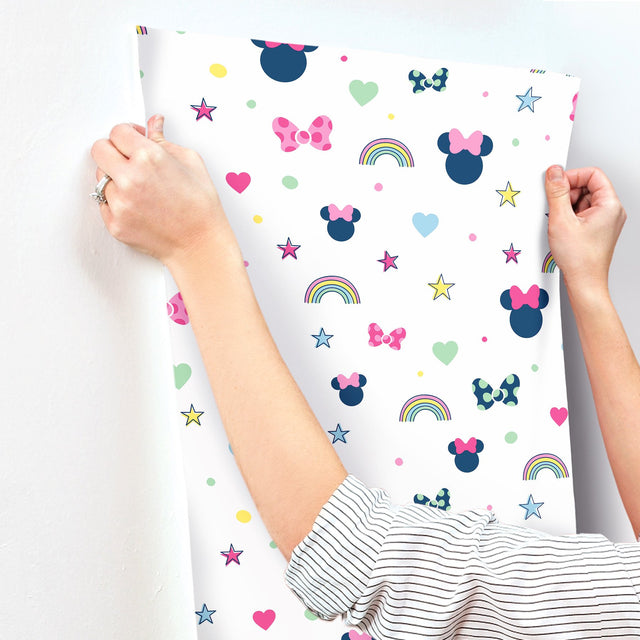 Disney Minnie Mouse Rainbow Pink Wallpaper with Pastel Hearts, Stars & Bows - York DI0991