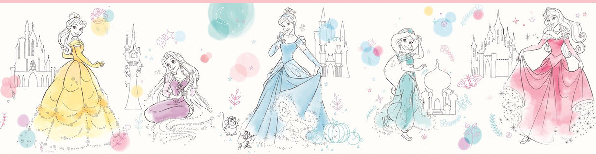 Disney Princess Pretty Elegant Blue & Green Wallpaper Border with Sketch Princess Motif - York DI1021BD