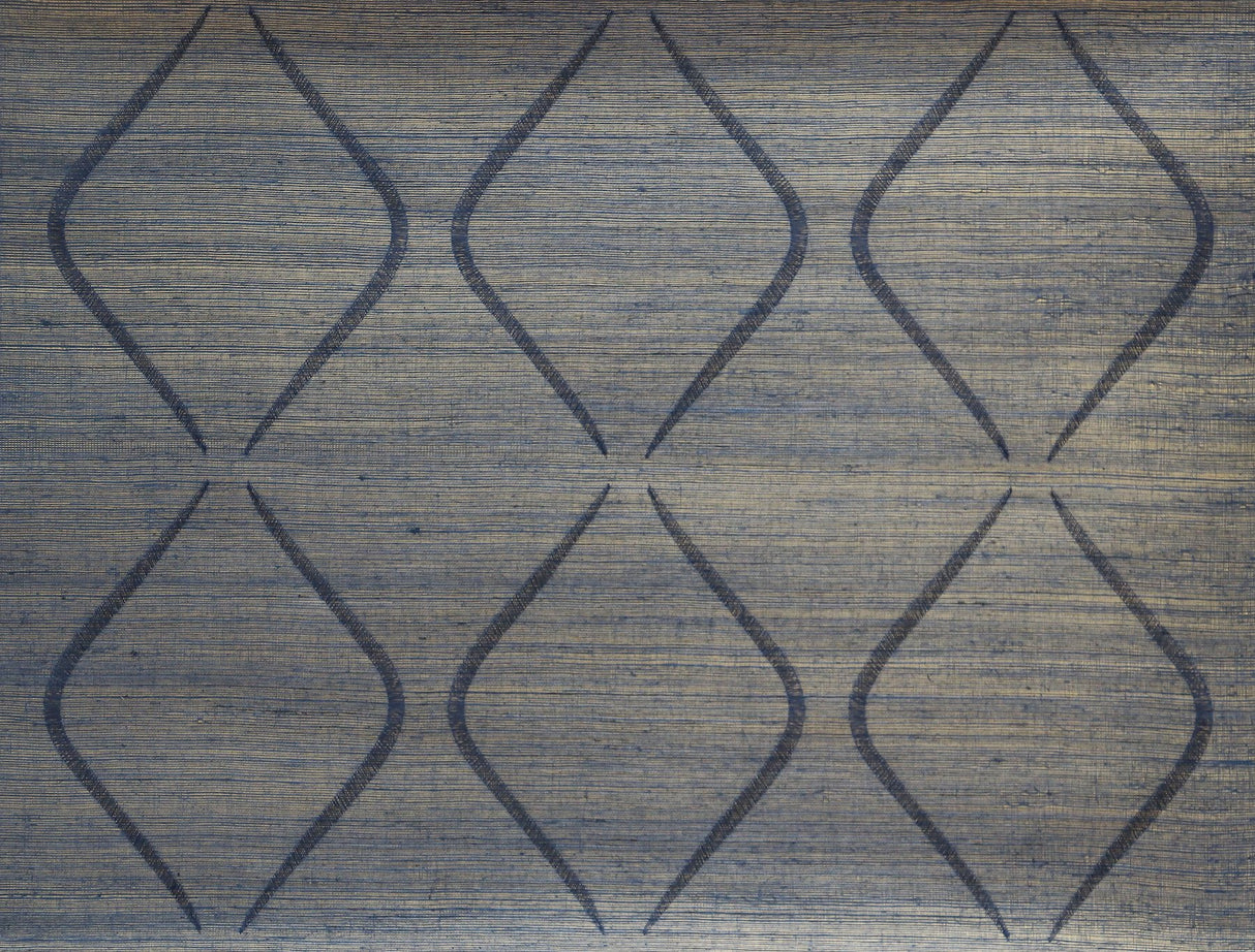 Marquise Indigo Grasscloth Wallpaper with Embroidered Diamond Motif - York DL2903