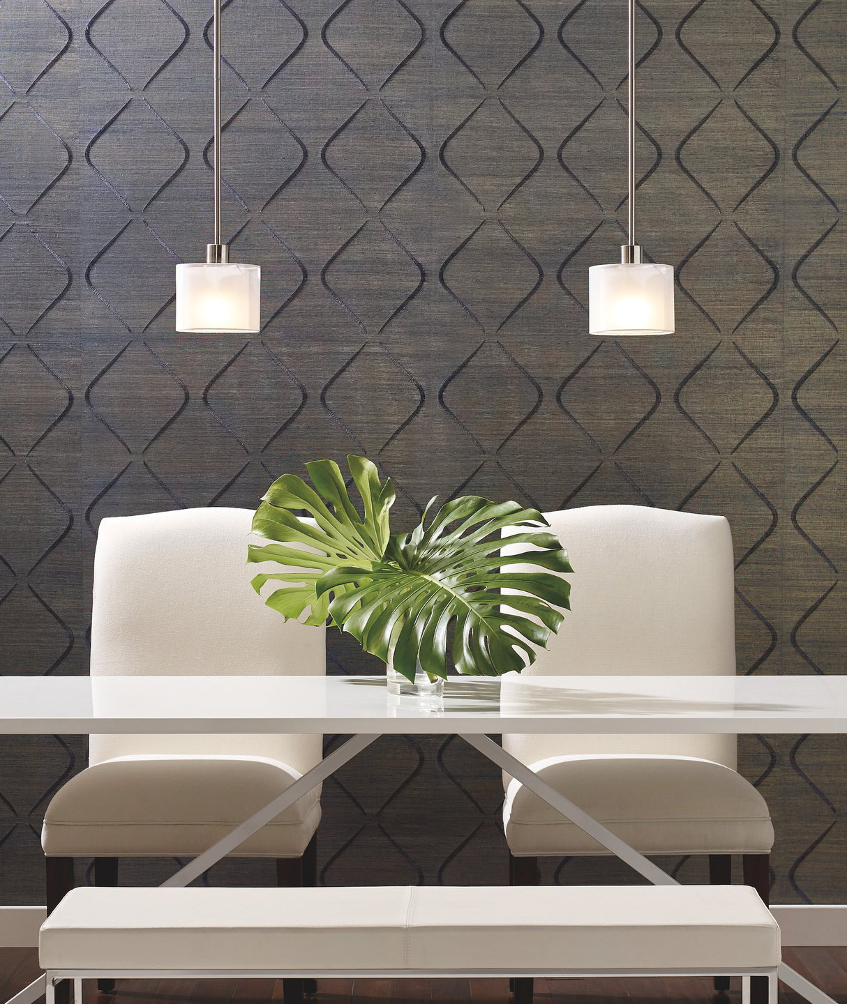 Marquise Indigo Grasscloth Wallpaper with Embroidered Diamond Motif - York DL2903