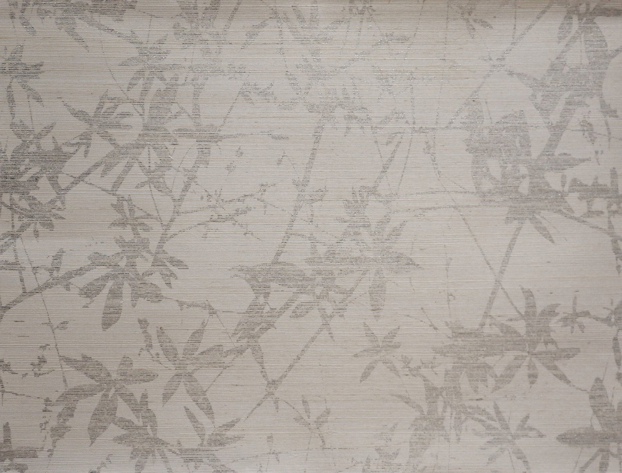 Sylvan Silver & White Grasscloth Wallpaper with Leafy Branch Motif - York DL2951