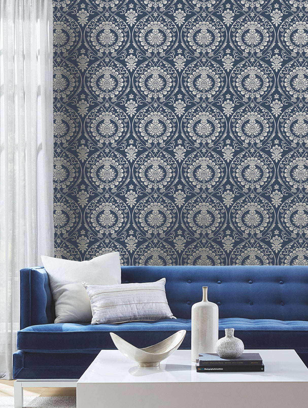 Imperial Damask Navy & Silver Wallpaper with Metallic Damask Motif - York DM4901